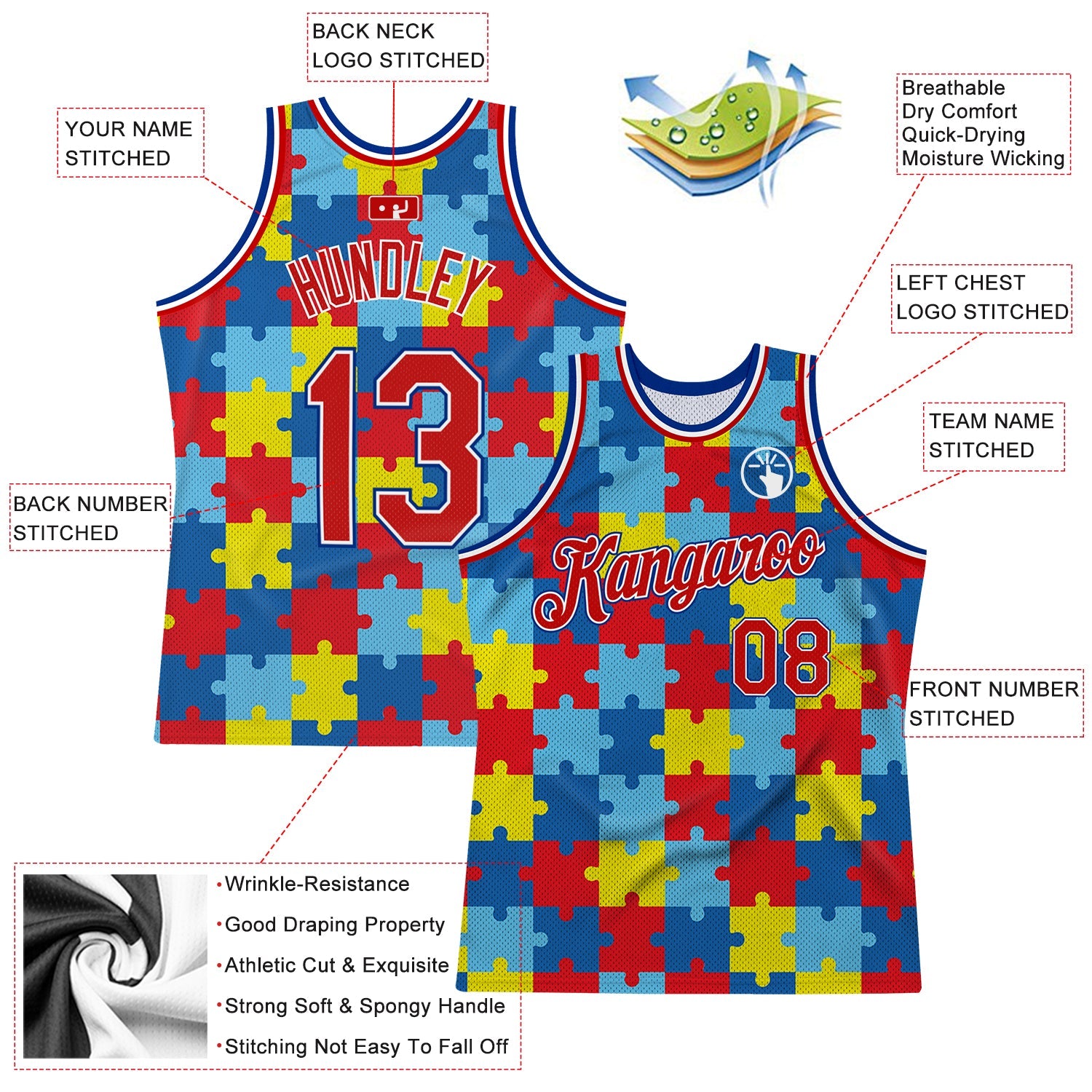 Custom Black Red-Royal 3D Pattern Design Autism Awareness Puzzle Pieces Authentic Basketball Jersey - Sky-Custom
