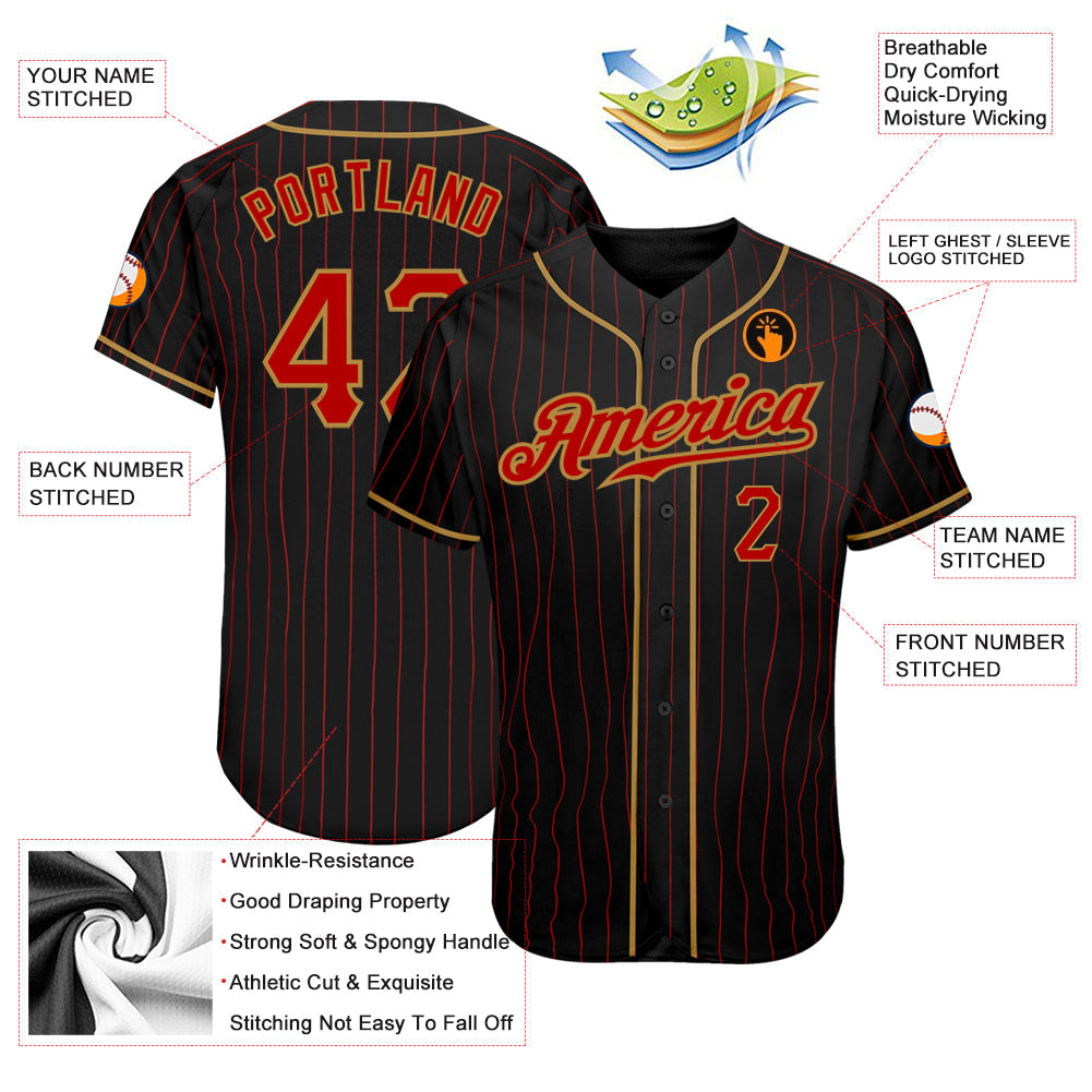 Custom Black Red Pinstripe Red-Old Gold Authentic Baseball Jersey - Sky-Custom