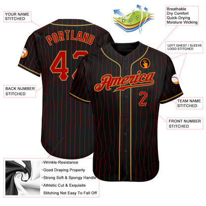 Custom Black Red Pinstripe Red-Old Gold Authentic Baseball Jersey - Sky-Custom