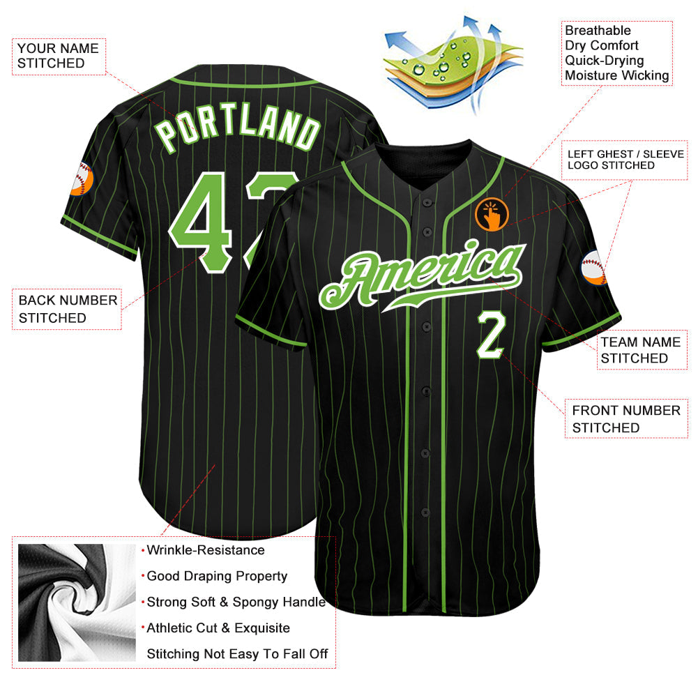 Custom Black Neon Green Pinstripe Neon Green-White Authentic Baseball Jersey - Sky-Custom