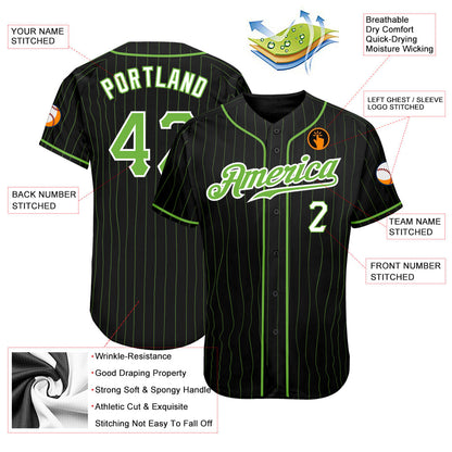 Custom Black Neon Green Pinstripe Neon Green-White Authentic Baseball Jersey - Sky-Custom