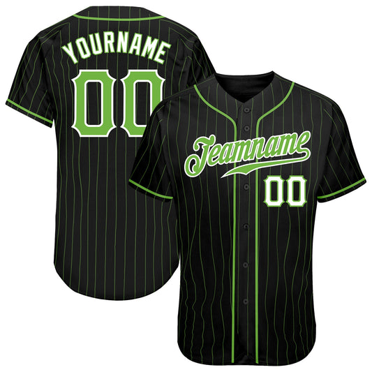 Custom Black Neon Green Pinstripe Neon Green-White Authentic Baseball Jersey - Sky-Custom