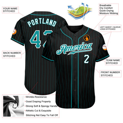 Custom Black Teal Pinstripe Teal-White Authentic Baseball Jersey - Sky-Custom