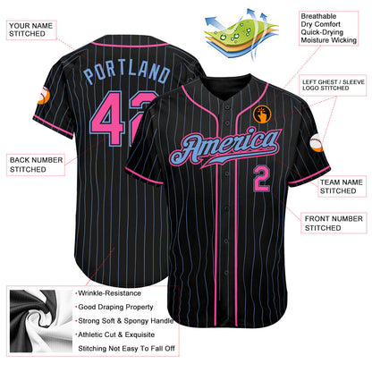 Custom Black Light Blue Pinstripe Pink-Light Blue Authentic Baseball Jersey - Sky-Custom