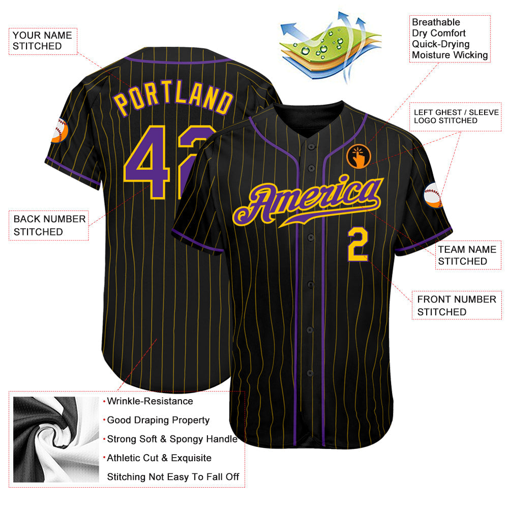 Custom Black Gold Pinstripe Purple-Gold Authentic Baseball Jersey - Sky-Custom