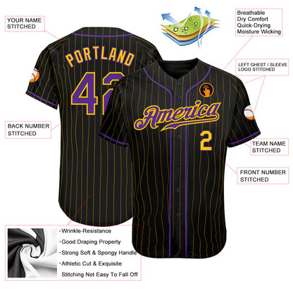 Custom Black Gold Pinstripe Purple-Gold Authentic Baseball Jersey - Sky-Custom