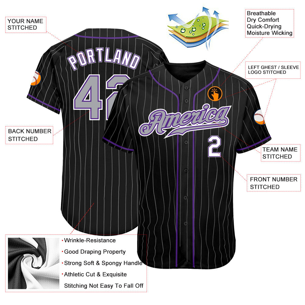 Custom Black Gray Pinstripe Gray-Purple Authentic Baseball Jersey - Sky-Custom