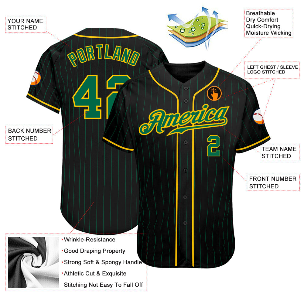 Custom Black Kelly Green Pinstripe Kelly Green-Gold Authentic Baseball Jersey - Sky-Custom
