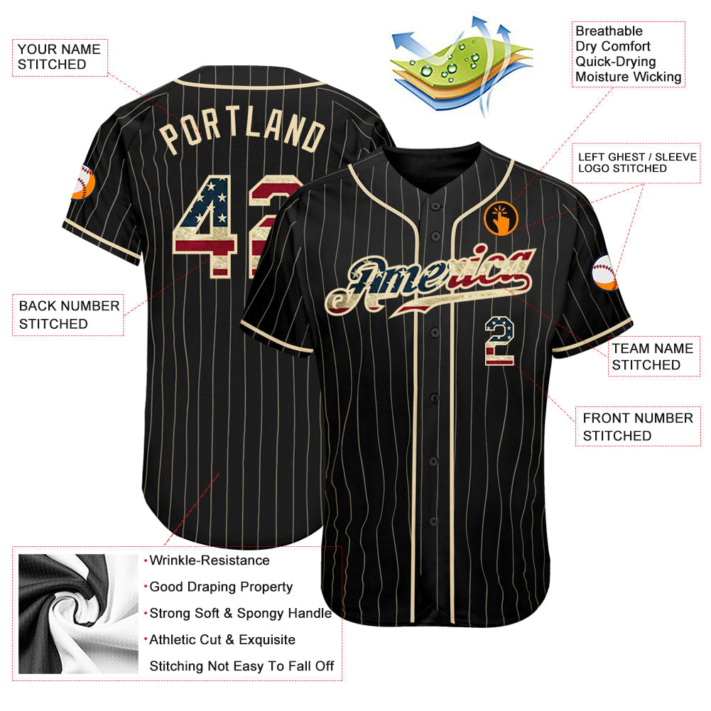 Custom Black Cream Pinstripe Vintage USA Flag-Cream Authentic Baseball Jersey - Sky-Custom