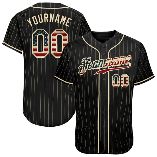 Custom Black Cream Pinstripe Vintage USA Flag-Cream Authentic Baseball Jersey - Sky-Custom