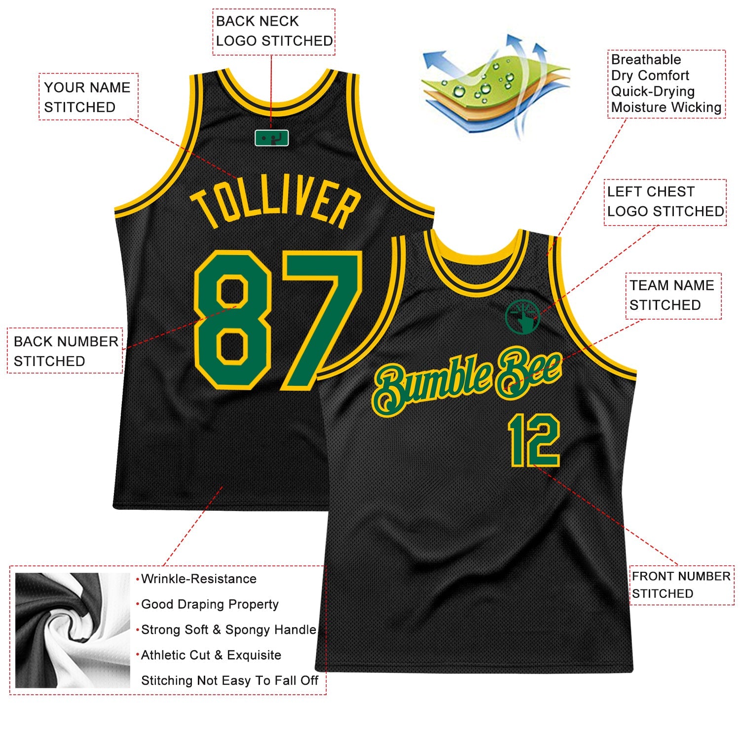 Custom Black Kelly Green-Gold Authentic Throwback Basketball Jersey - Sky-Custom