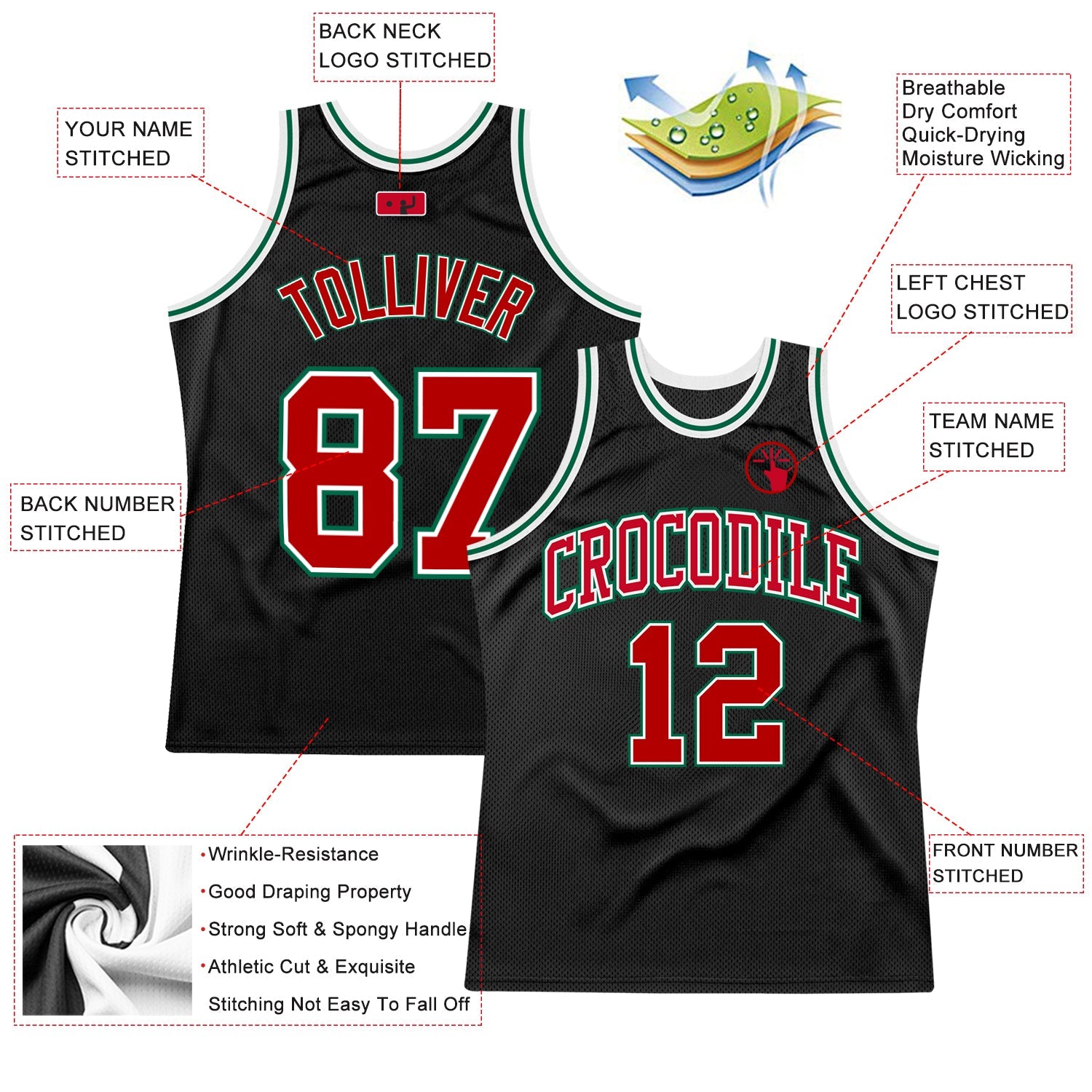 Custom Black Red-Kelly Green Authentic Throwback Basketball Jersey - Sky-Custom