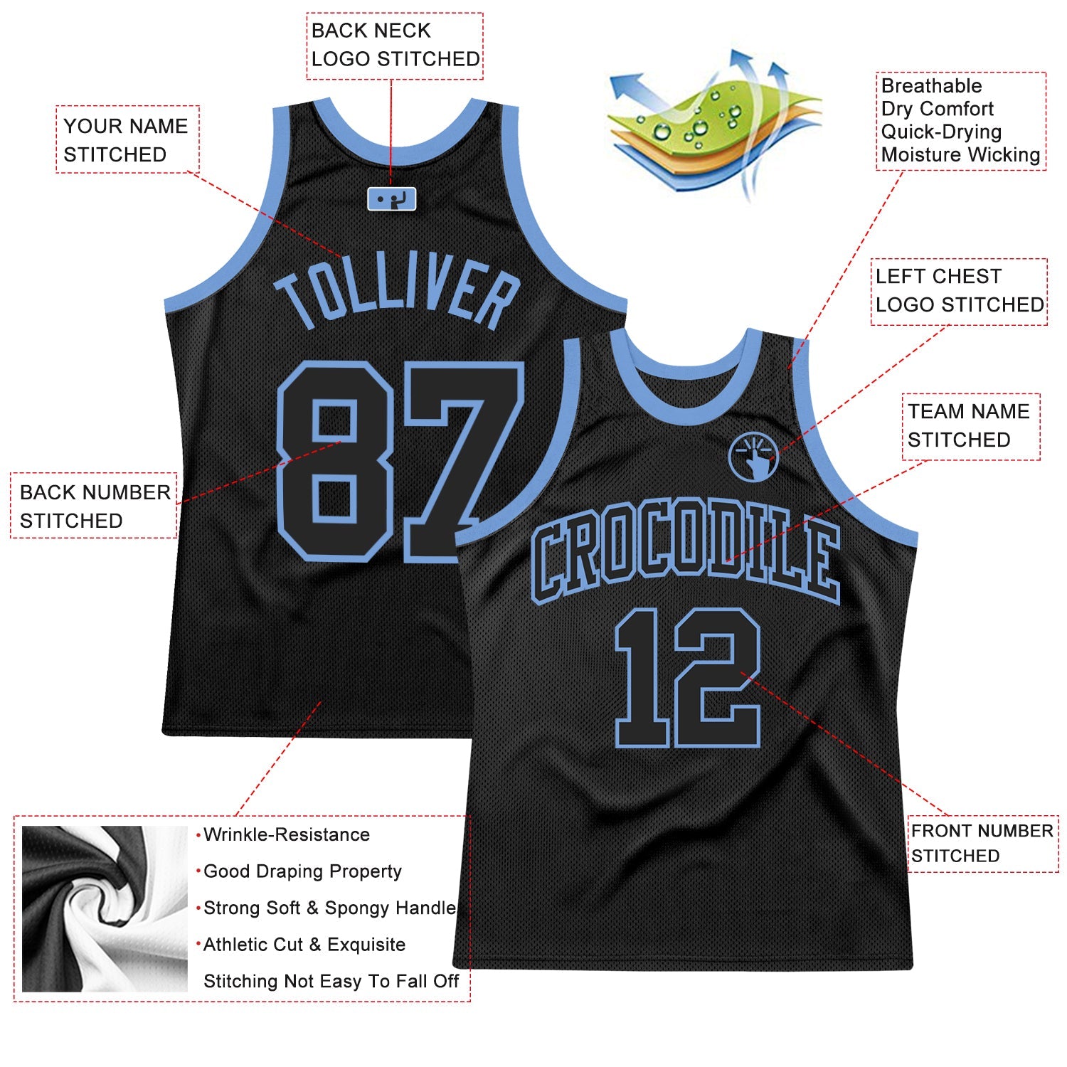 Custom Black Black-Light Blue Authentic Throwback Basketball Jersey - Sky-Custom