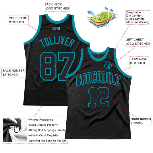 Custom Black Black-Teal Authentic Throwback Basketball Jersey - Sky-Custom