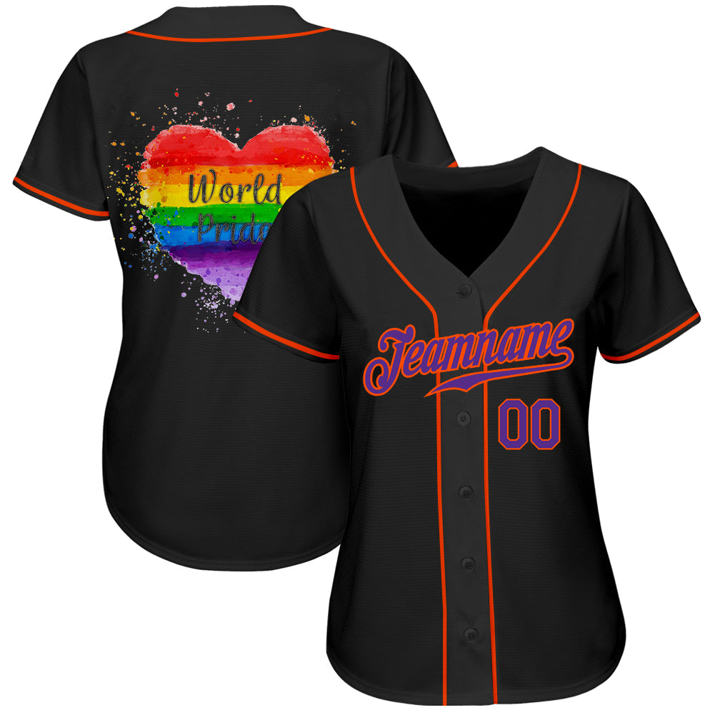 Custom Black Purple-Orange Rainbow Colored Heart For World Pride LGBT Authentic Baseball Jersey - Sky-Custom