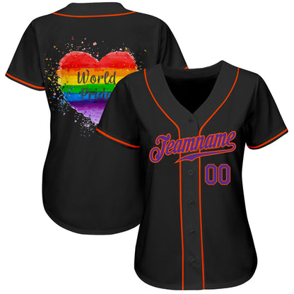 Custom Black Purple-Orange Rainbow Colored Heart For World Pride LGBT Authentic Baseball Jersey - Sky-Custom