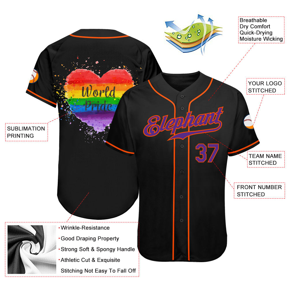 Custom Black Purple-Orange Rainbow Colored Heart For World Pride LGBT Authentic Baseball Jersey - Sky-Custom