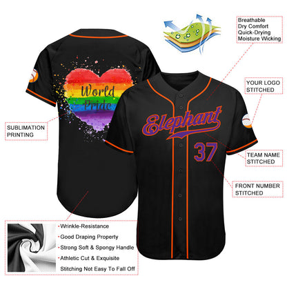 Custom Black Purple-Orange Rainbow Colored Heart For World Pride LGBT Authentic Baseball Jersey - Sky-Custom