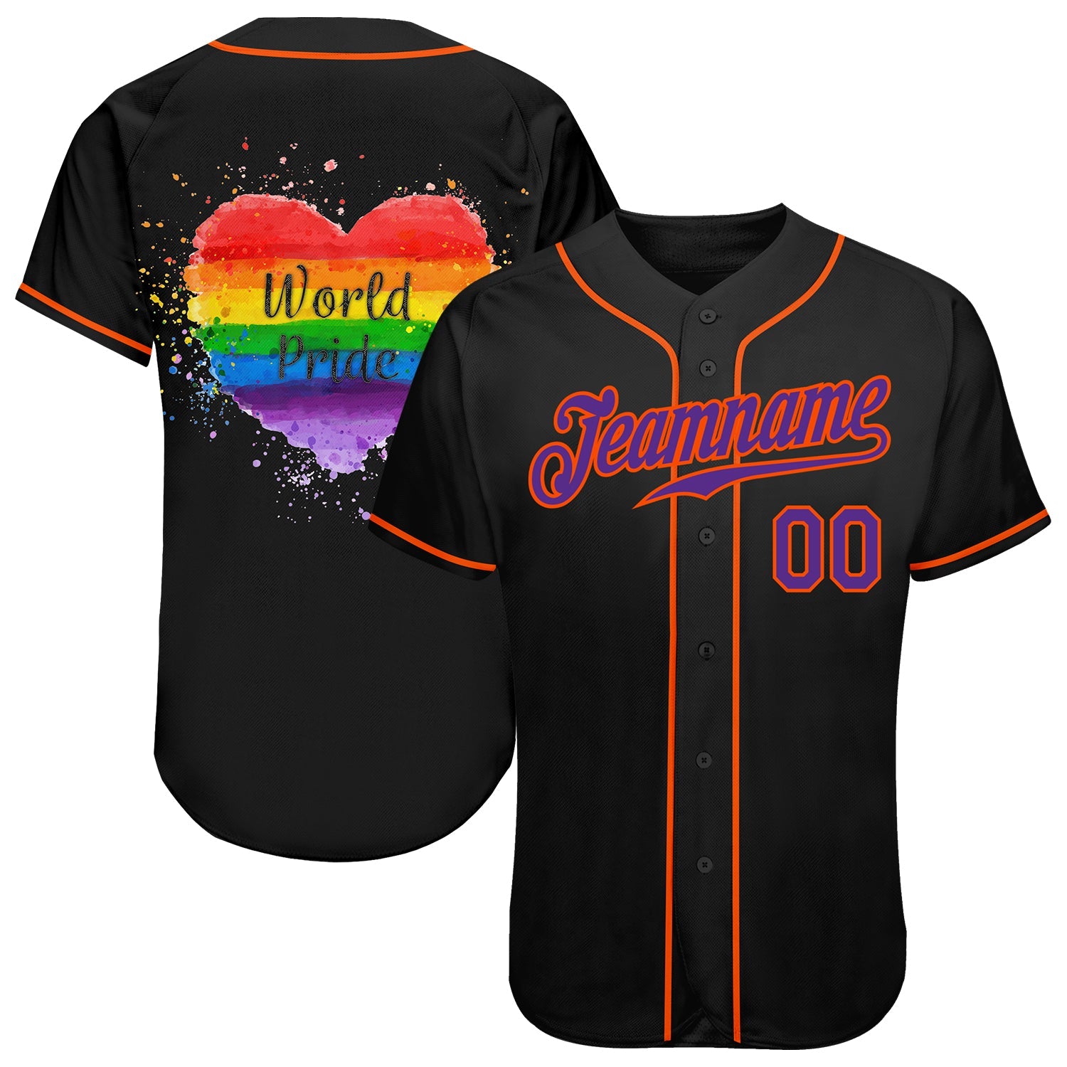 Custom Black Purple-Orange Rainbow Colored Heart For World Pride LGBT Authentic Baseball Jersey - Sky-Custom