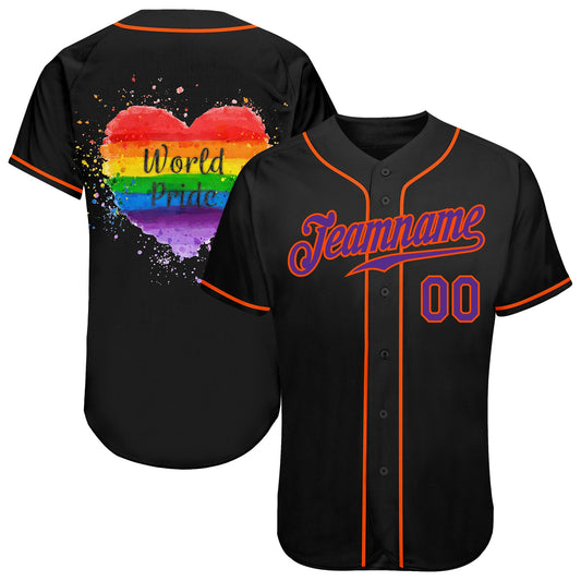 Custom Black Purple-Orange Rainbow Colored Heart For World Pride LGBT Authentic Baseball Jersey - Sky-Custom