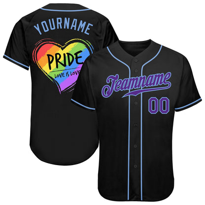 Custom Black Purple-Light Blue Rainbow Colored Heart For Pride Love Is Love LGBT Authentic Baseball Jersey - Sky-Custom