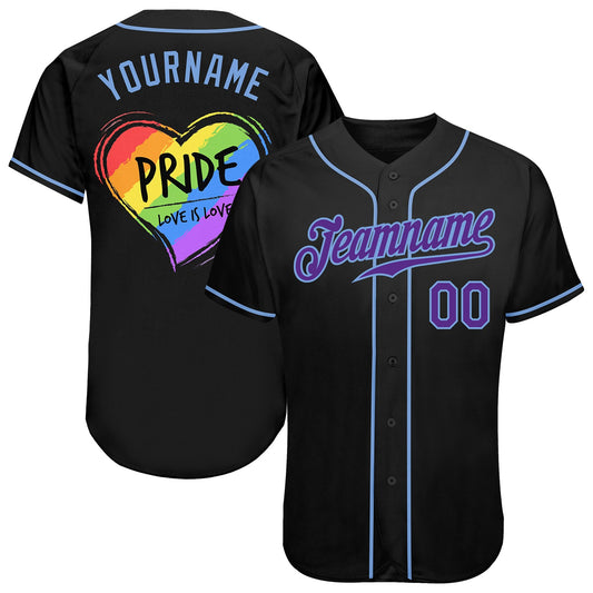 Custom Black Purple-Light Blue Rainbow Colored Heart For Pride Love Is Love LGBT Authentic Baseball Jersey - Sky-Custom