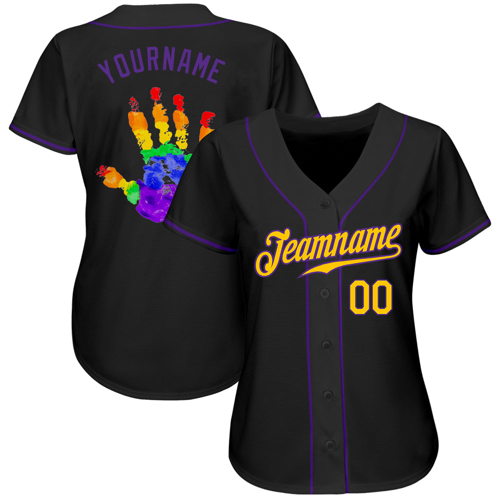 Custom Black Gold-Purple Rainbow Colored Hand For Pride LGBT Authentic Baseball Jersey - Sky-Custom