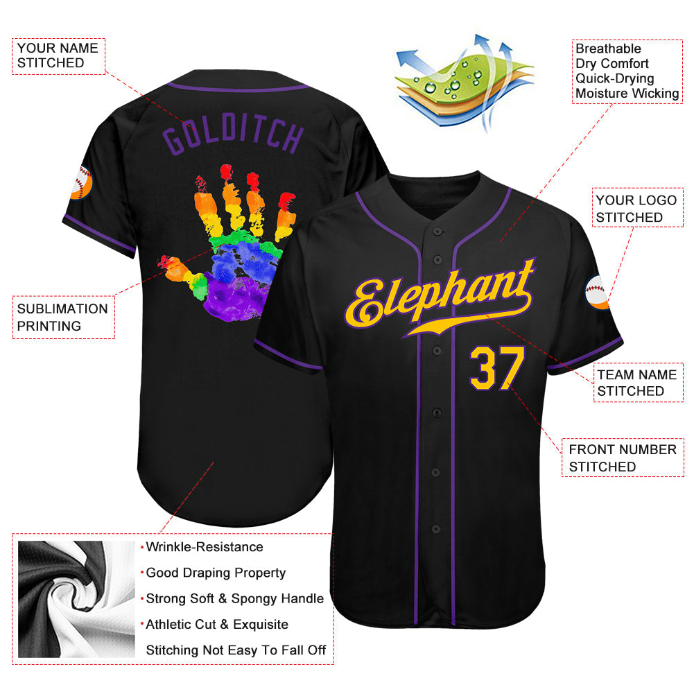 Custom Black Gold-Purple Rainbow Colored Hand For Pride LGBT Authentic Baseball Jersey - Sky-Custom