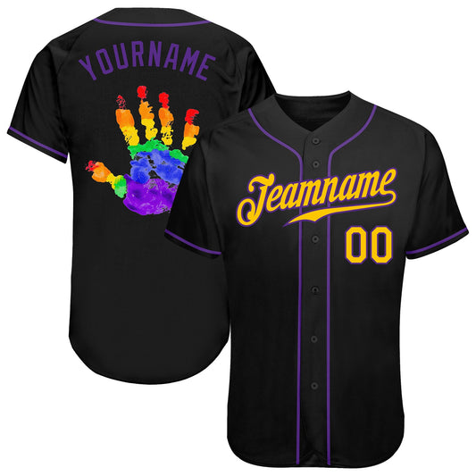Custom Black Gold-Purple Rainbow Colored Hand For Pride LGBT Authentic Baseball Jersey - Sky-Custom