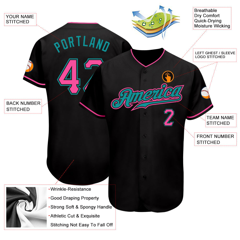 Custom Black Pink-Teal Authentic Baseball Jersey - Sky-Custom