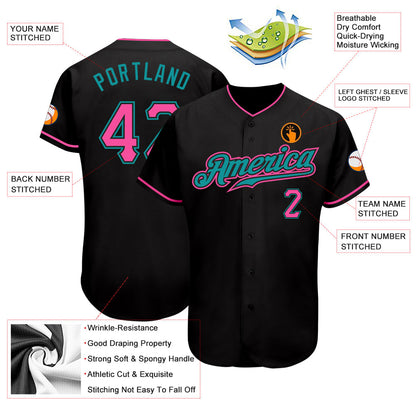 Custom Black Pink-Teal Authentic Baseball Jersey - Sky-Custom