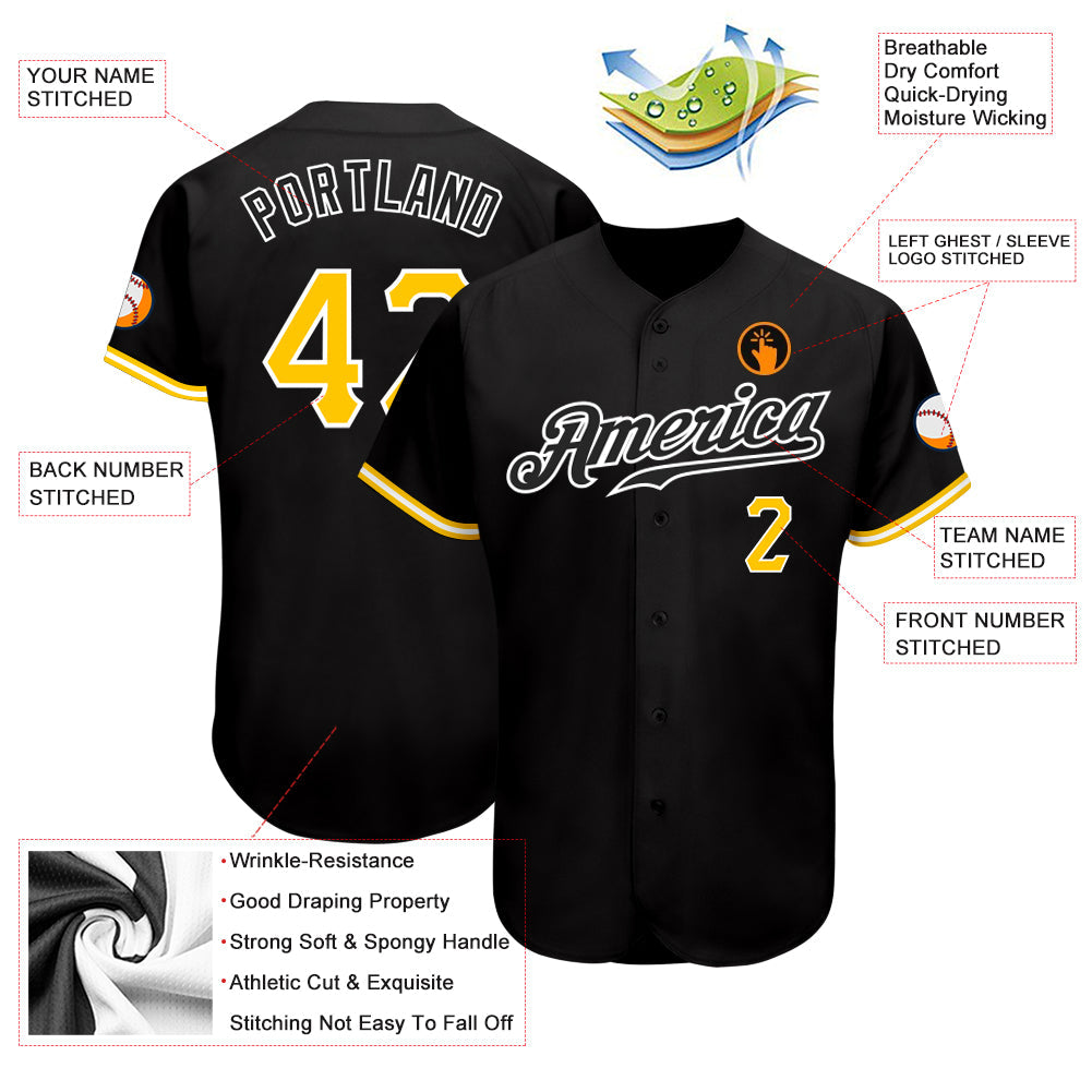 Custom Black Gold-White Authentic Baseball Jersey - Sky-Custom
