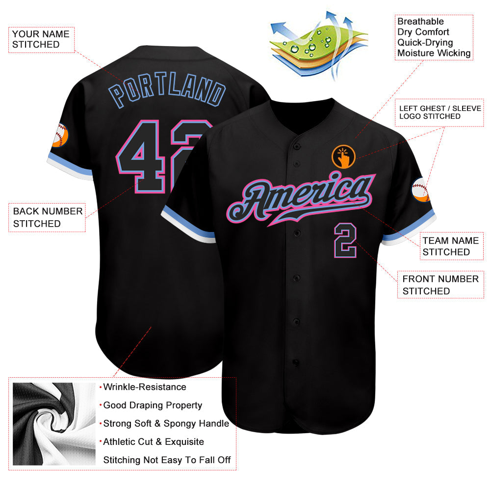 Custom Black Black Light Blue Pink-White Authentic Baseball Jersey - Sky-Custom