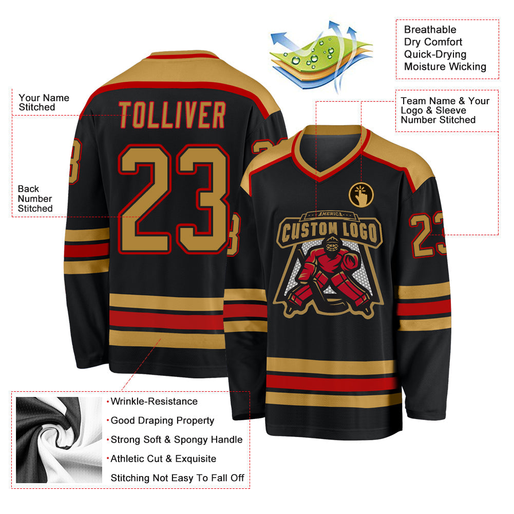 Custom Black Old Gold-Red Hockey Jersey - Sky-Custom