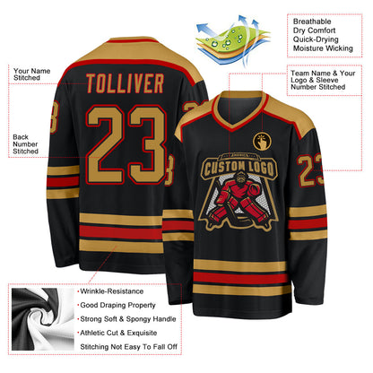 Custom Black Old Gold-Red Hockey Jersey - Sky-Custom