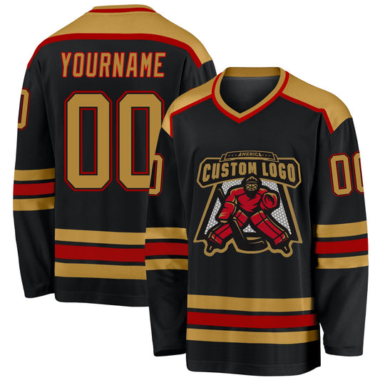 Custom Black Old Gold-Red Hockey Jersey - Sky-Custom
