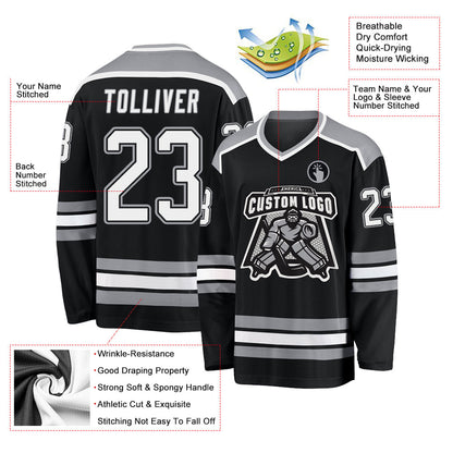 Custom Black White-Gray Hockey Jersey - Sky-Custom