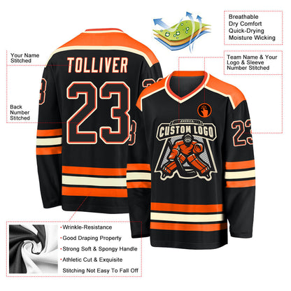 Custom Black Black Orange-Cream Hockey Jersey - Sky-Custom
