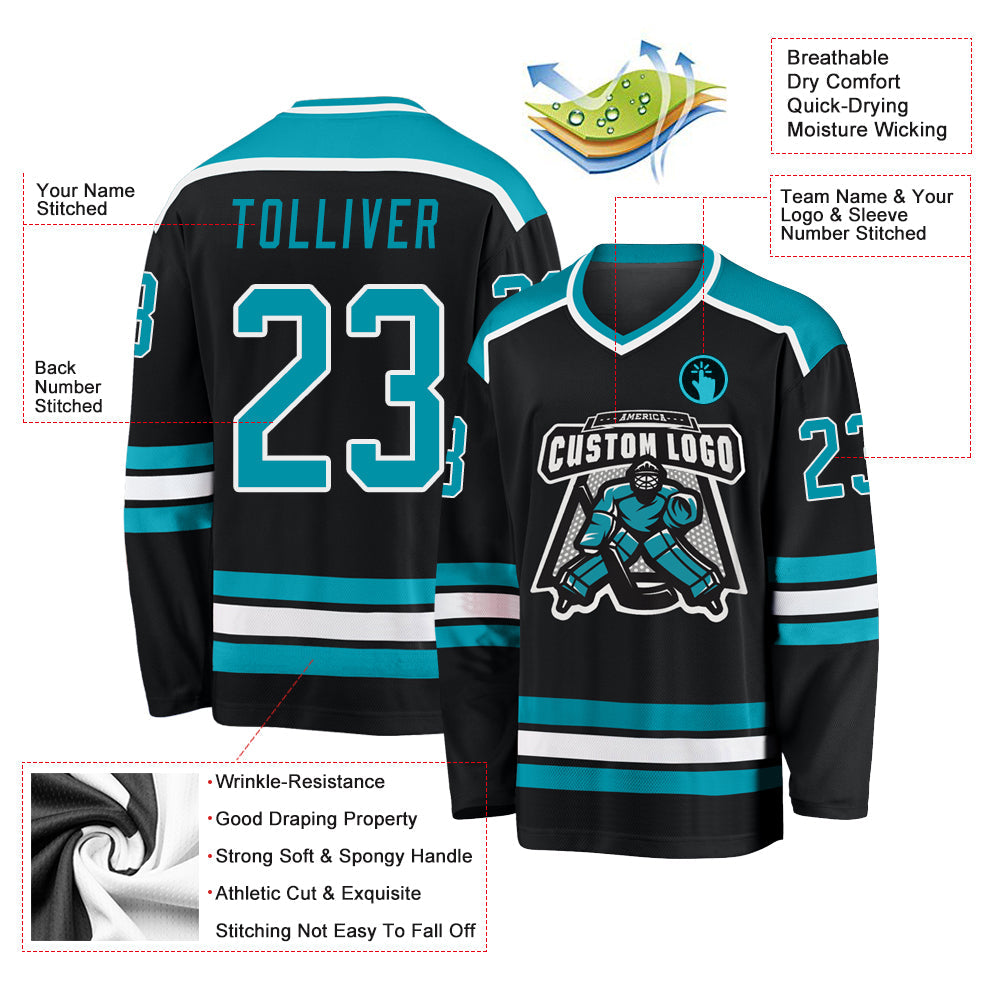 Custom Black Teal-White Hockey Jersey - Sky-Custom