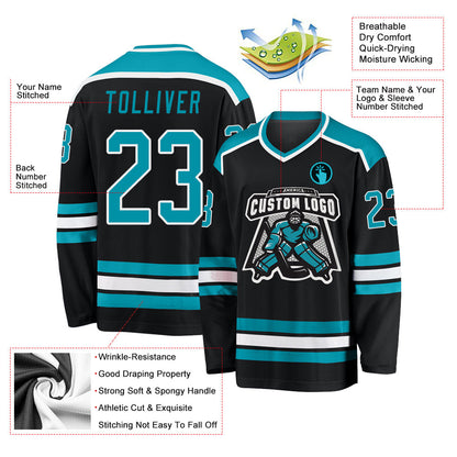 Custom Black Teal-White Hockey Jersey - Sky-Custom
