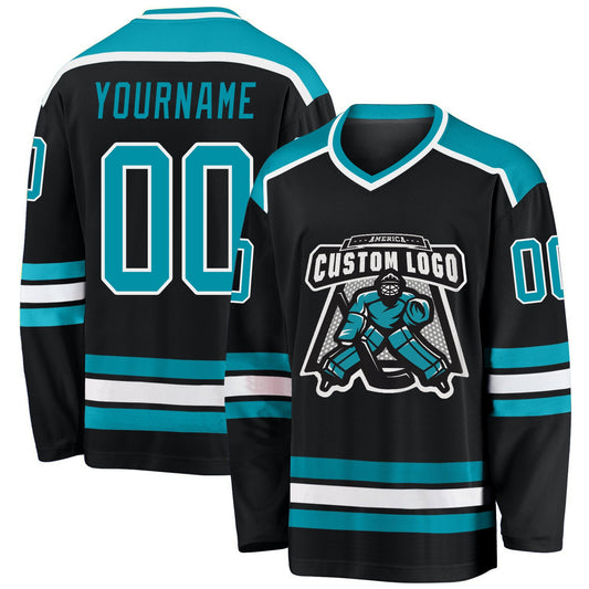 Custom Black Teal-White Hockey Jersey - Sky-Custom