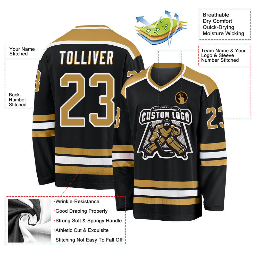 Custom Black Old Gold-White Hockey Jersey - Sky-Custom