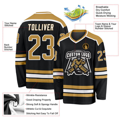 Custom Black Old Gold-White Hockey Jersey - Sky-Custom