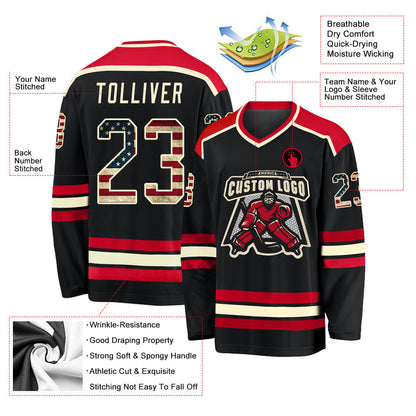 Custom Black Vintage USA Flag Cream-Red Hockey Jersey - Sky-Custom