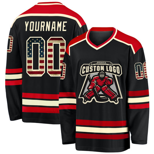 Custom Black Vintage USA Flag Cream-Red Hockey Jersey - Sky-Custom