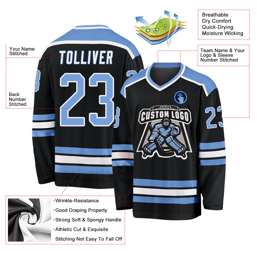 Custom Black Light Blue-White Hockey Jersey - Sky-Custom