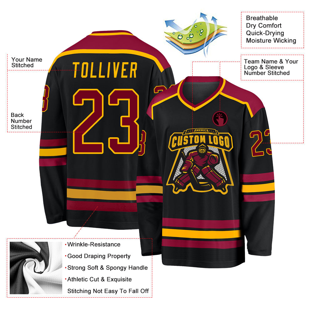 Custom Black Maroon-Gold Hockey Jersey - Sky-Custom