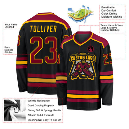 Custom Black Maroon-Gold Hockey Jersey - Sky-Custom