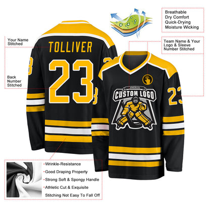 Custom Black Gold-White Hockey Jersey - Sky-Custom