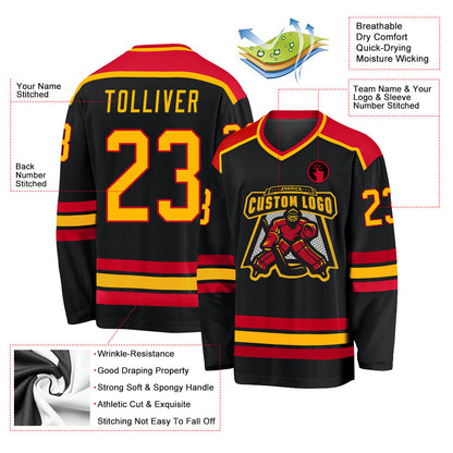 Custom Black Gold-Red Hockey Jersey - Sky-Custom